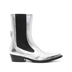 BY FAR Otis Pointed Toe Stretch Block Heel Booties Women's 9/EU 39 Silver/Black